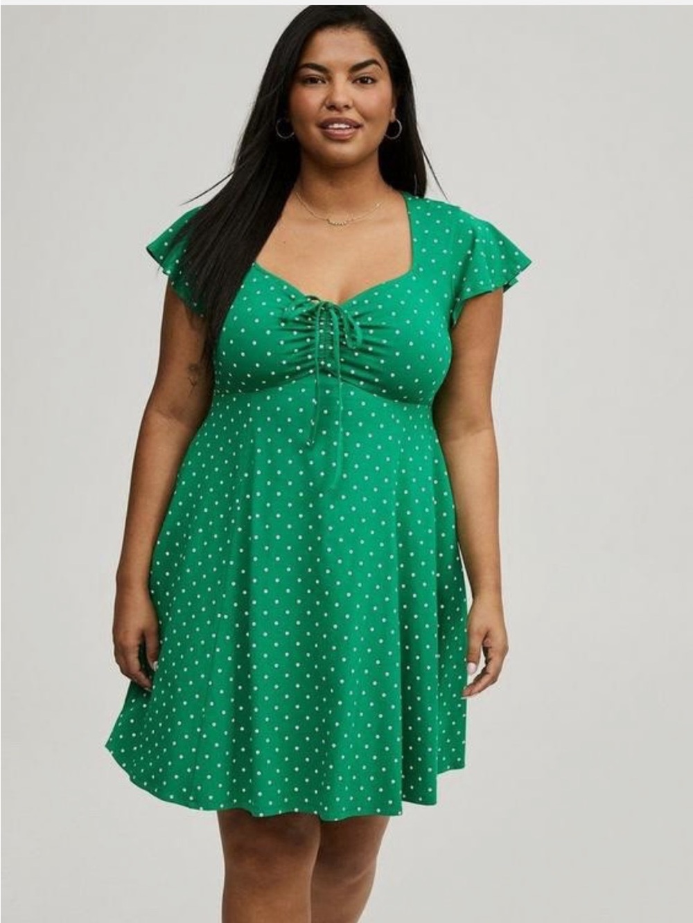 Torrid Mini Bow Front Flare Fit Dress Green Polka Dot 1X